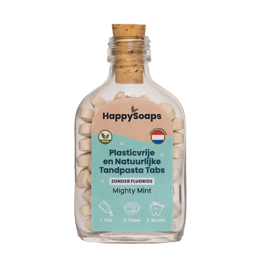 Een fles tandpasta tabletten zonder plastic, Tandpasta Tabs - Zonder Fluoride - Mighty Mint, met een kurk.
